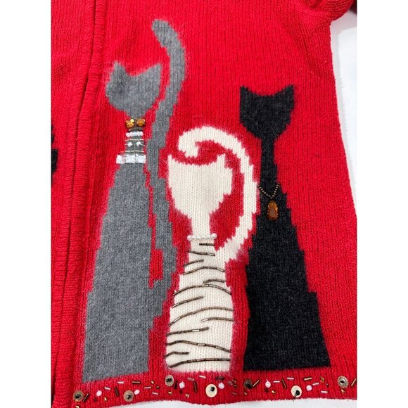 Coldwater‎ Creek Red Bejeweled Cats Kitchy Zip Sweater Jacket Size L - Picture 14 of 16